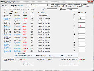 VBA UserForm for bank reconciliations: an example of a VBA UserForm created by Four Elms Bookkeeping. 