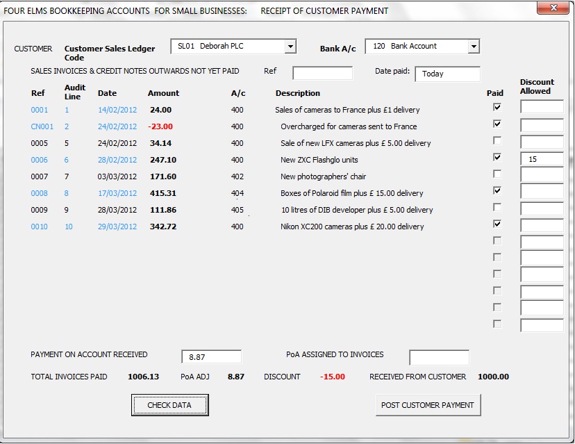 Customer payments input form: an example of bookkeeping software created by Four Elms Bookkeeping