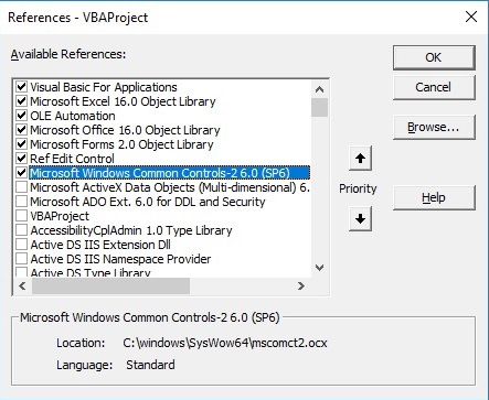 Visual Basic IDE references showing mscomct2.ocx highlighted and registered