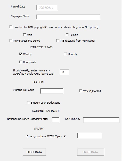 employee details for PAYE including National Insurance category and tax code