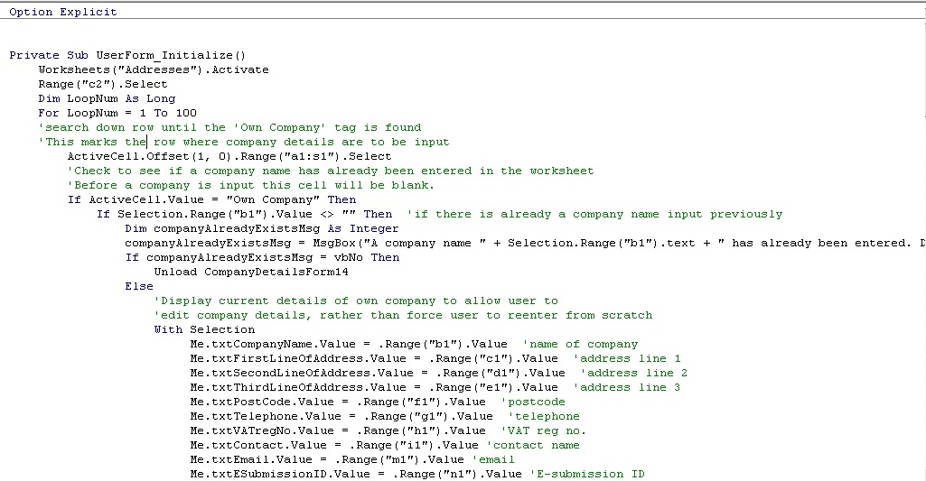 Example of Visual Basic Code written in VBA v8